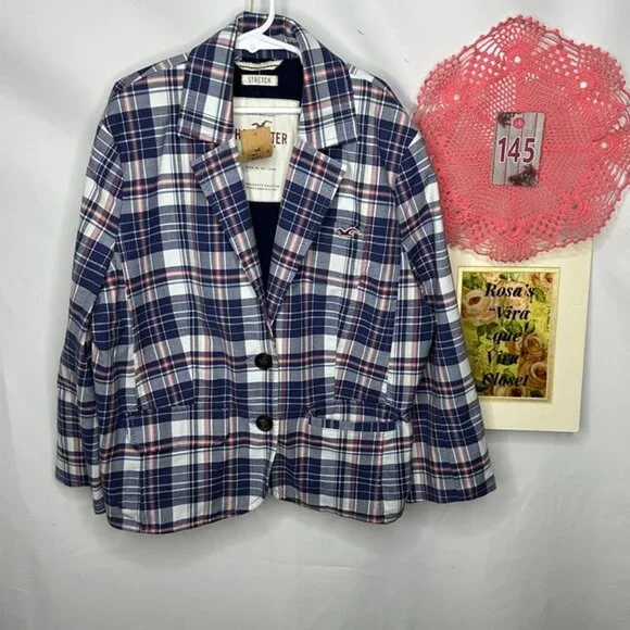 NWT Hollister Bettys Blue 2 Button Stretch Plaid Jacket Medium - Picture 2 of 8